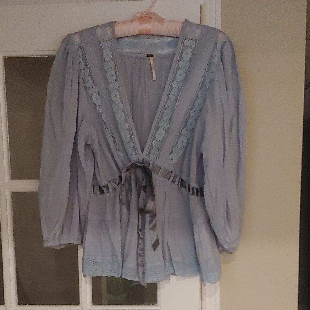 Free People Light Blue Lace Trim Boho Blouse